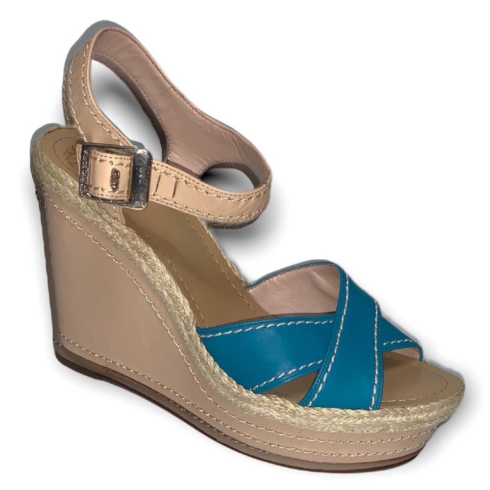 Vince Camuto Blue and Tan Wedge Sandals